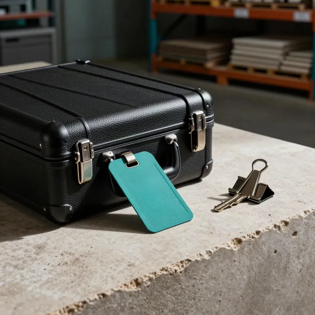 Black asset case, teal inventory tag and metal binder clip on pale stone in dramatic side light.