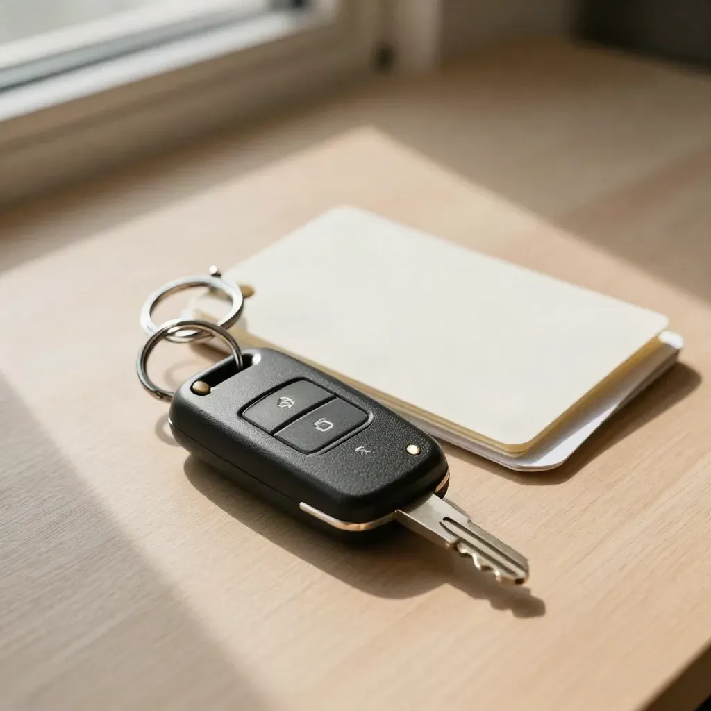 Auto-finance key fob, chrome ring, and registration sleeve on pale wood in soft light.