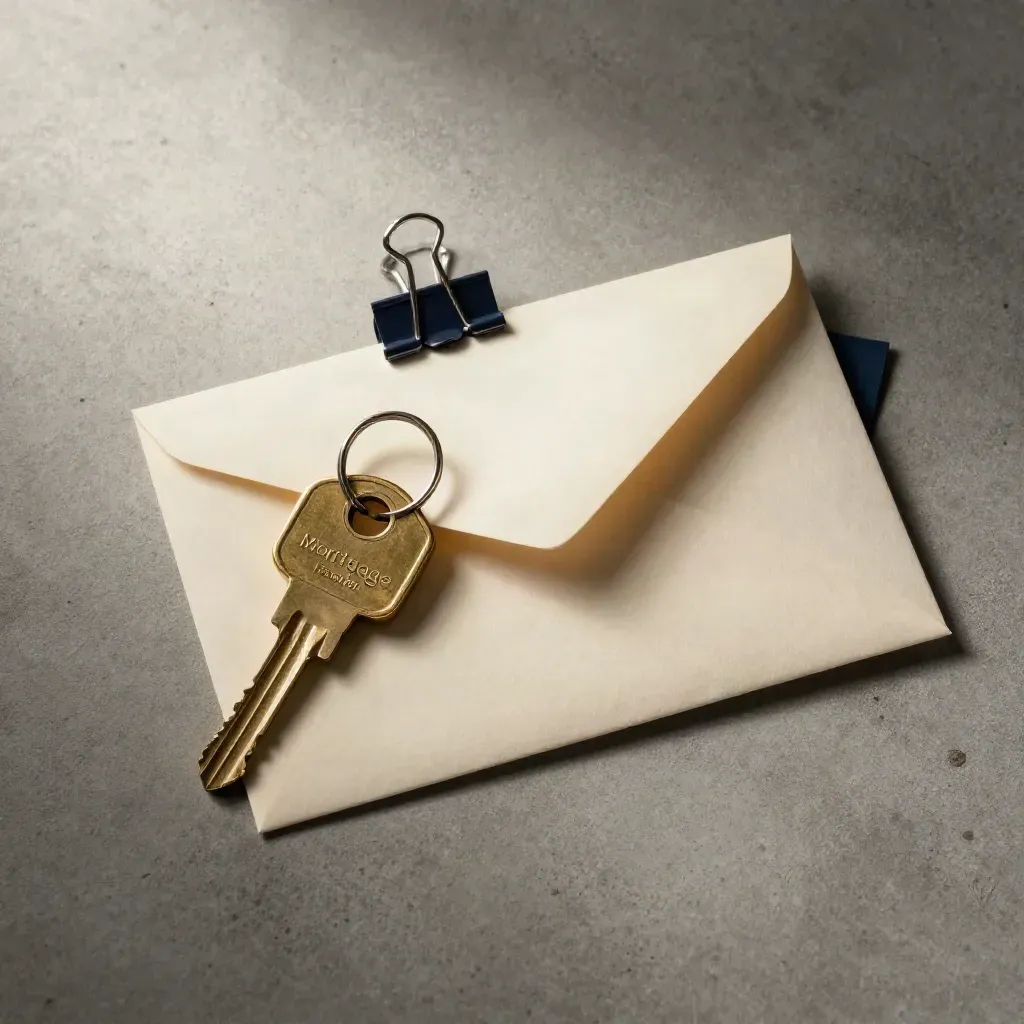 Brass key ring, cream envelope, and dark metal clip on brushed concrete