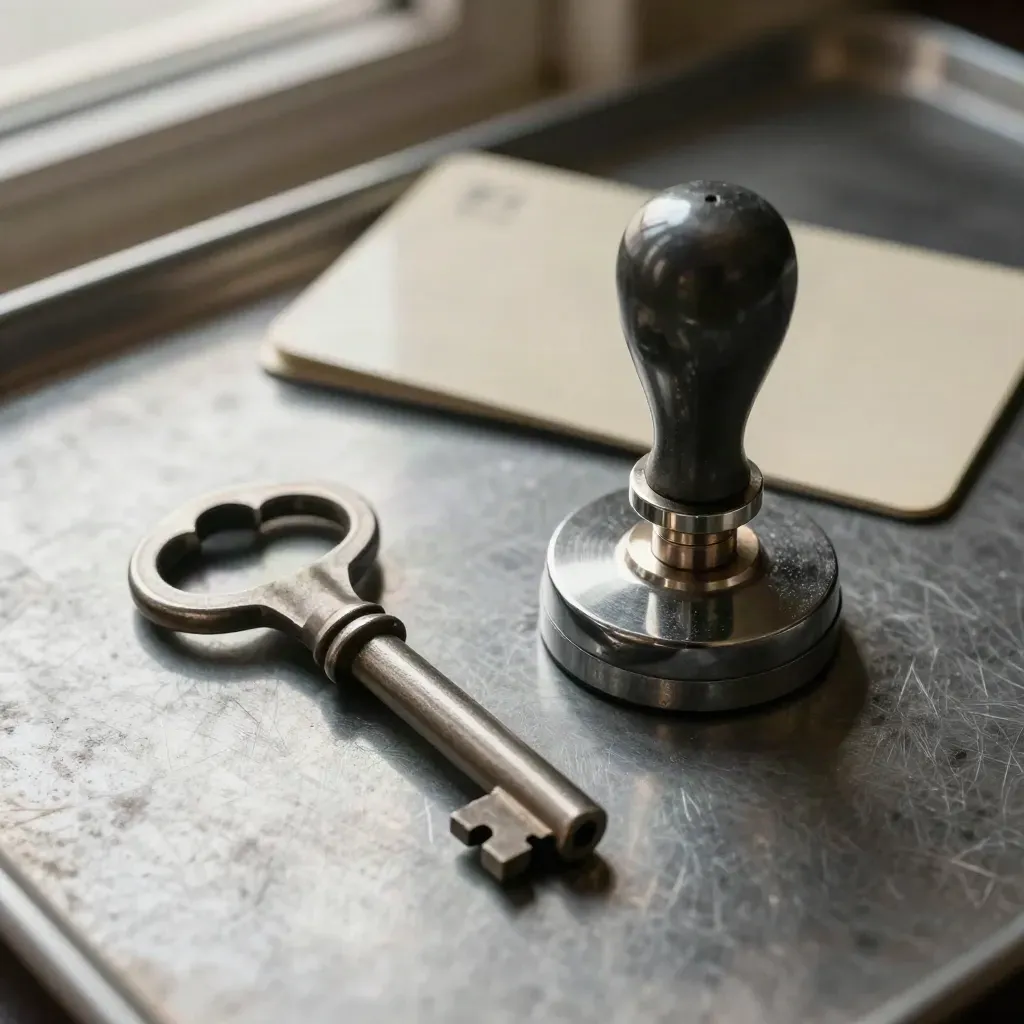 Vault key, seal press and paperweight on brushed metal in shallow macro light.
