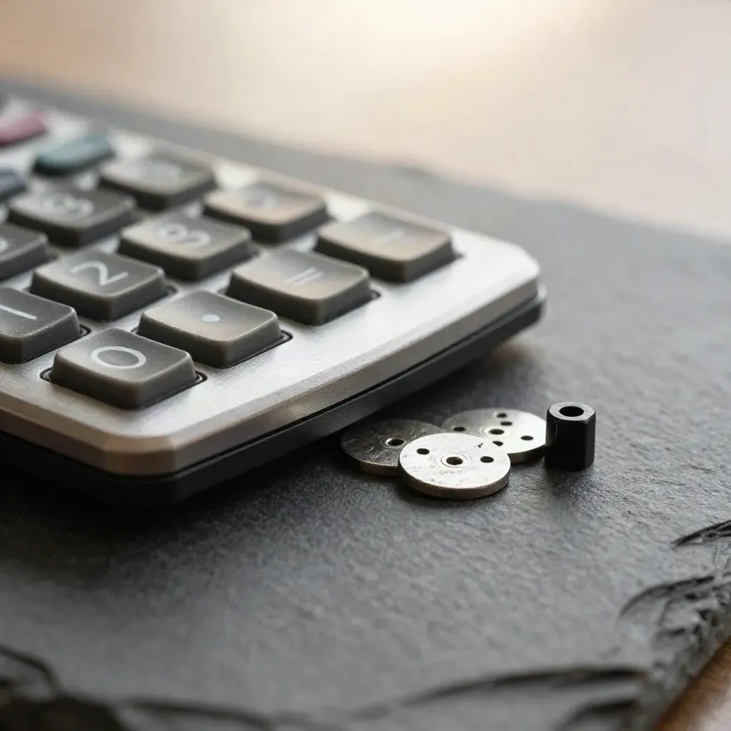 Brushed calculator with metal score tokens and a spacer block on graphite stone.