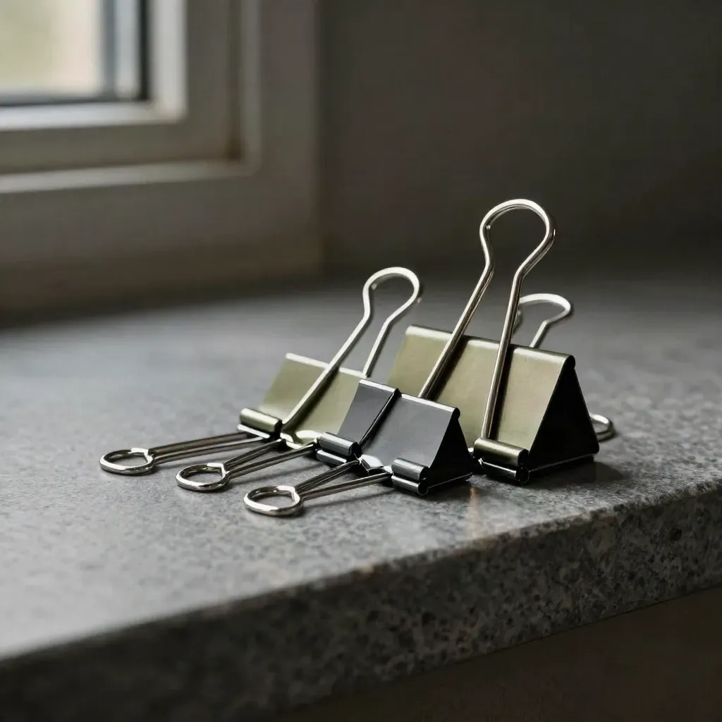 Binder clips, routing pin and file spine on stone in a dramatic finance still life.
