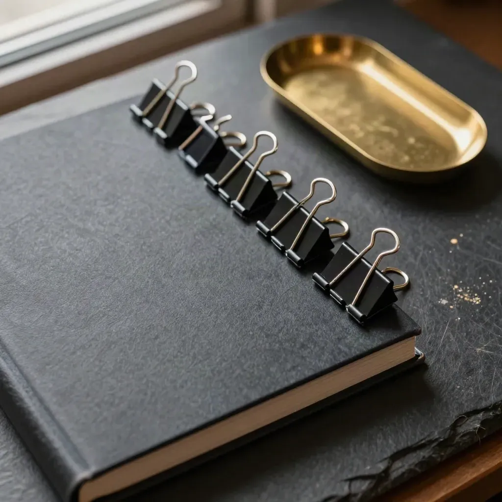 Macro flat lay of a closed ledger, binder clips and brass tray on dark slate