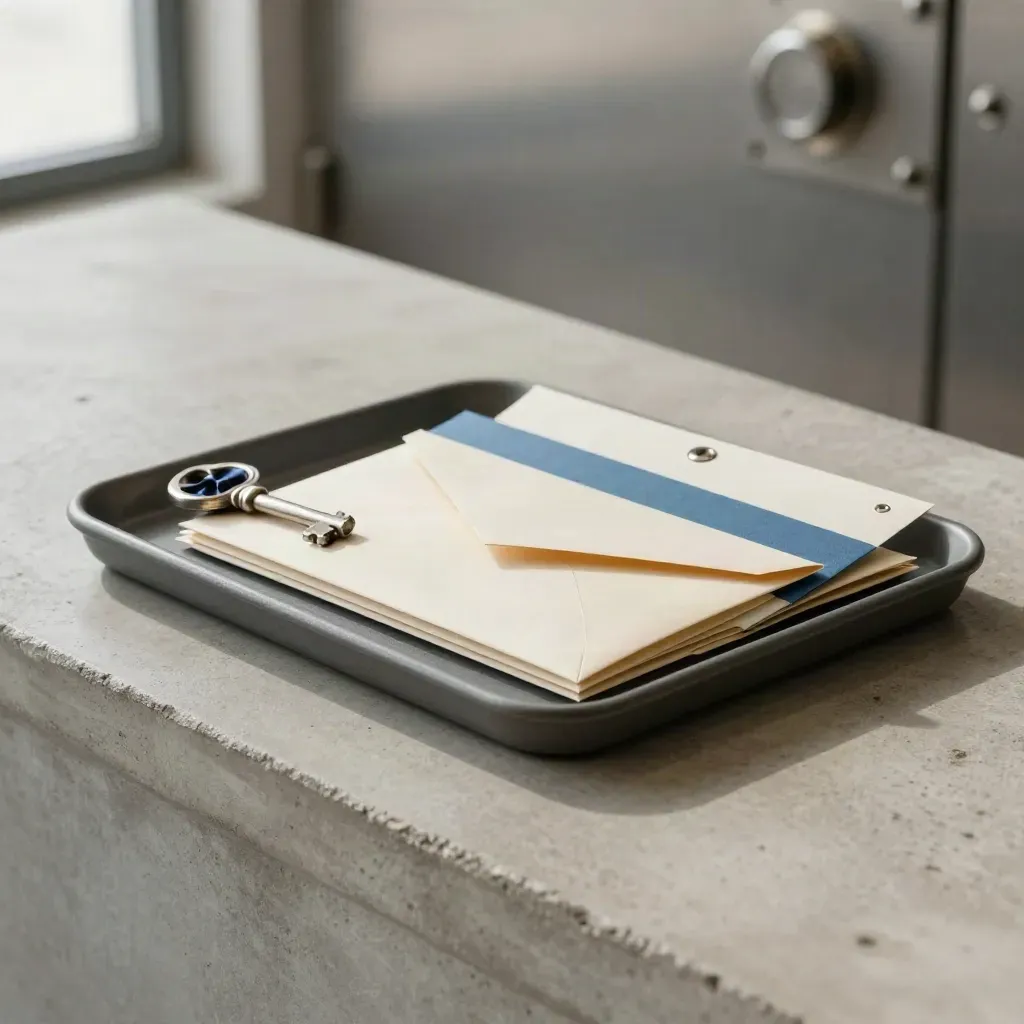 Safe-deposit key and archival envelope on a graphite tray over pale concrete.