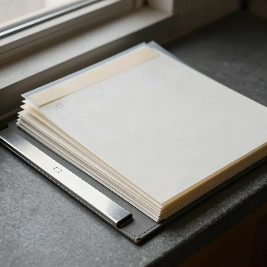 Archival file jacket with dividers, metal tray, and card sleeve on a dark stone ledge.
