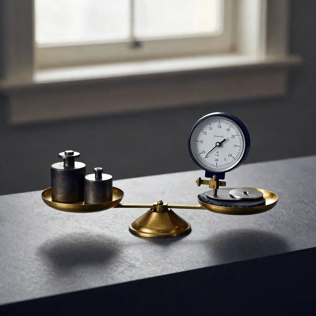 Brass balance base with calibration weights and a dial gauge on graphite stone