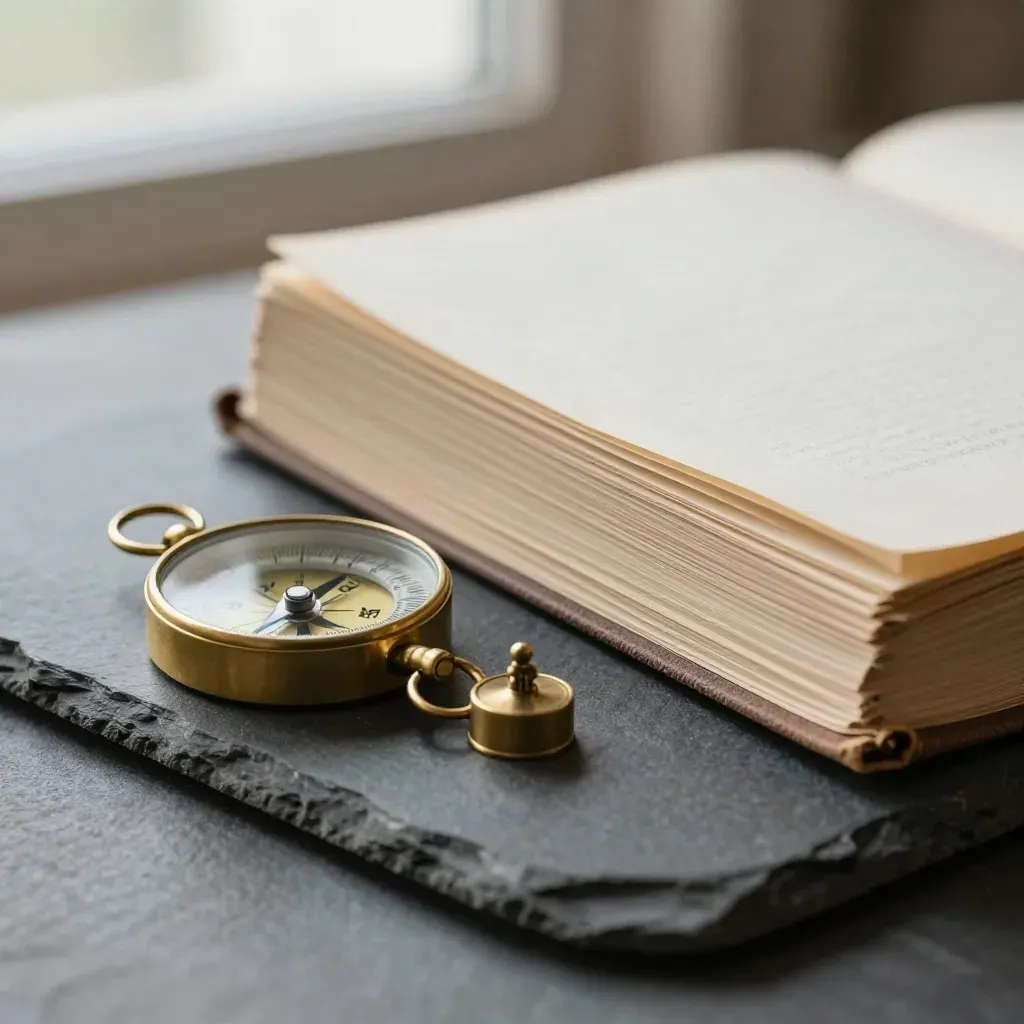 Brass compass, stacked ledgers, and a balance weight on dark stone.