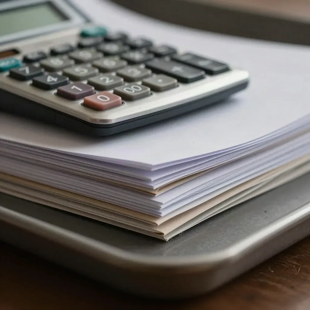 Macro desk still life with calculator, file tabs, loan folio, and frosted tray edge.