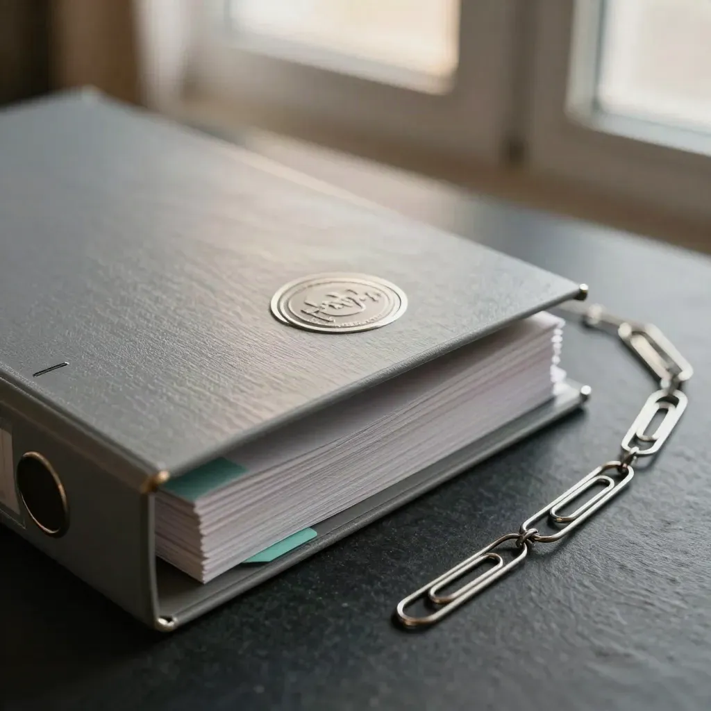Macro of a binder clasp, seal press, and clip chain on dark slate.