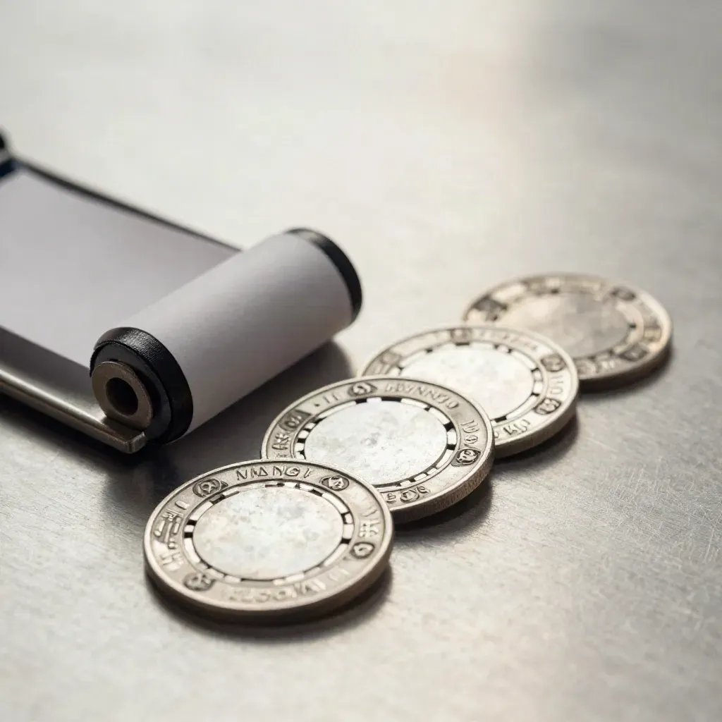 Silver counting chips, receipt roller, and metal rail on brushed metal in a diagonal macro still life.