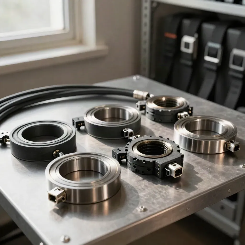 Machined rings and cable loops with graphite blocks on brushed metal, lit as a premium finance still life.