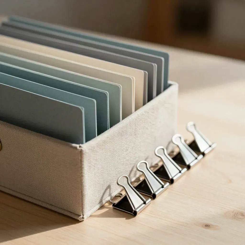 Top-down archive box with teal tabs and stainless clips on pale wood, lit softly from upper left.