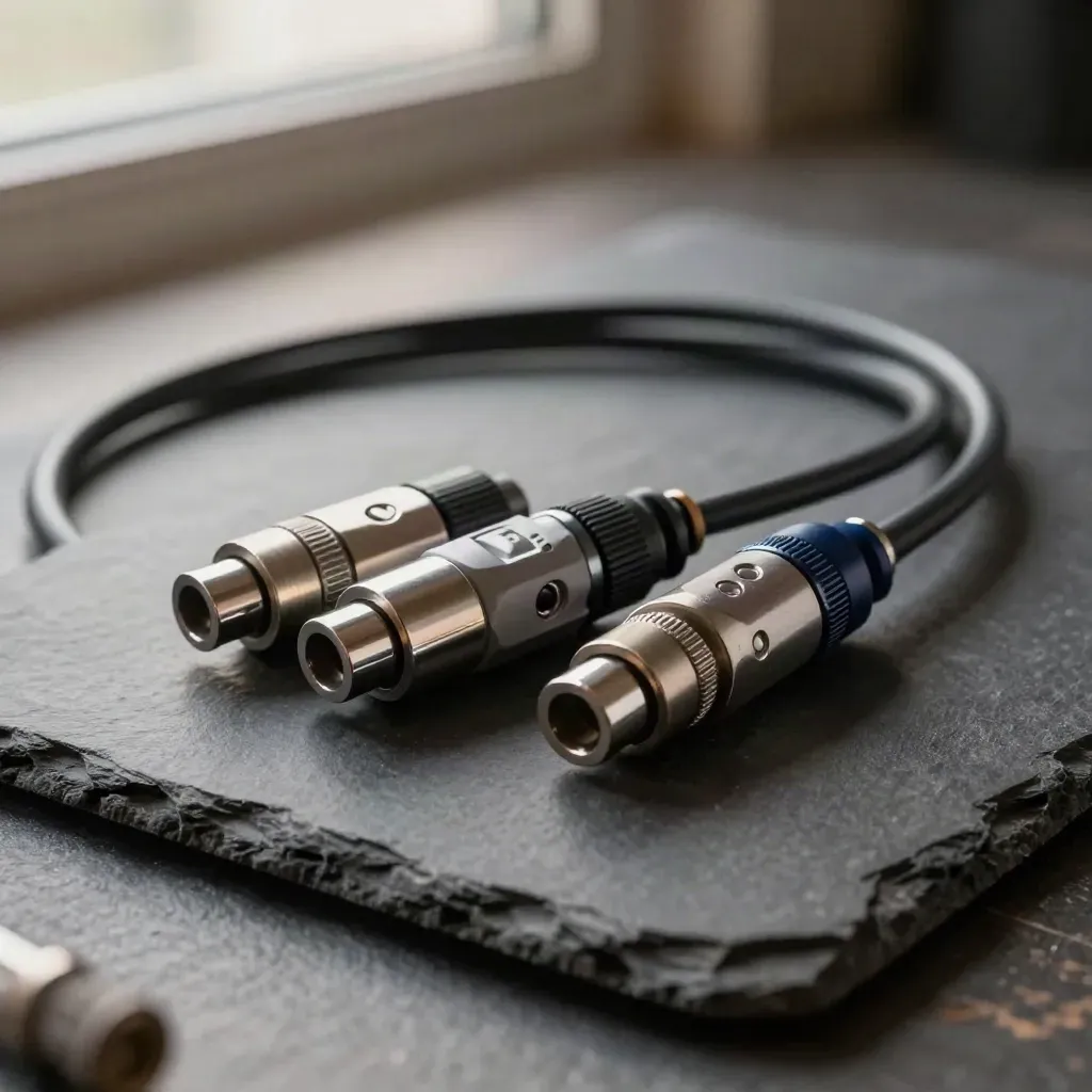 Dark slate connector still life with braided cable and precision terminals in dramatic light