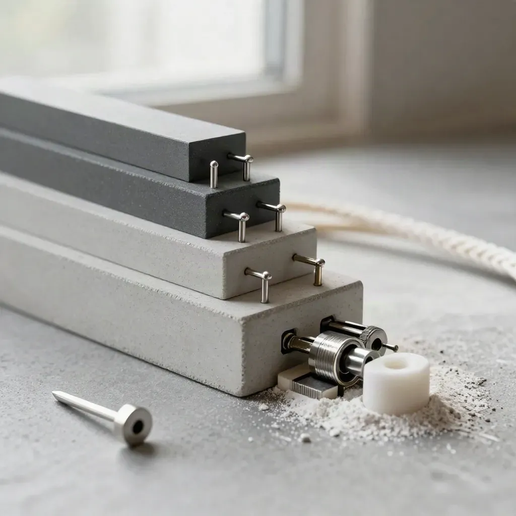 Macro still life of graphite blocks, steel pins, and a woven cable loop on concrete.
