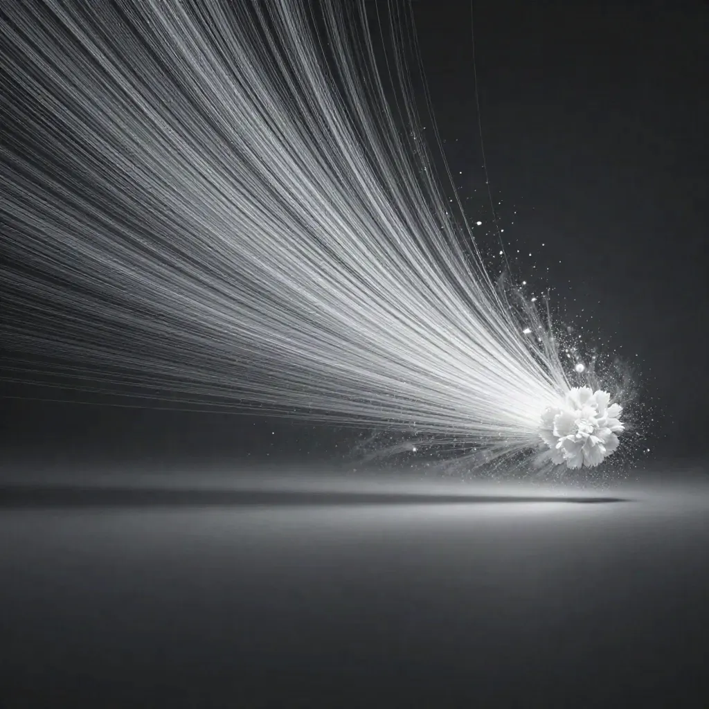 Abstract silver light filaments bloom in dark graphite haze with drifting motes.