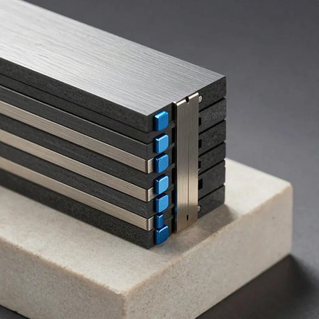 Macro graphite blocks and steel connectors locked together on pale stone, with a subtle blue accent.